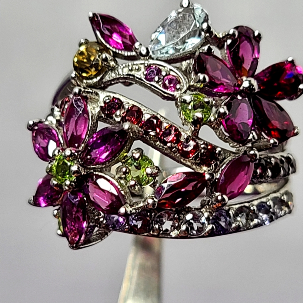 Aquamarine and Multi Gemstone Cluster Ring